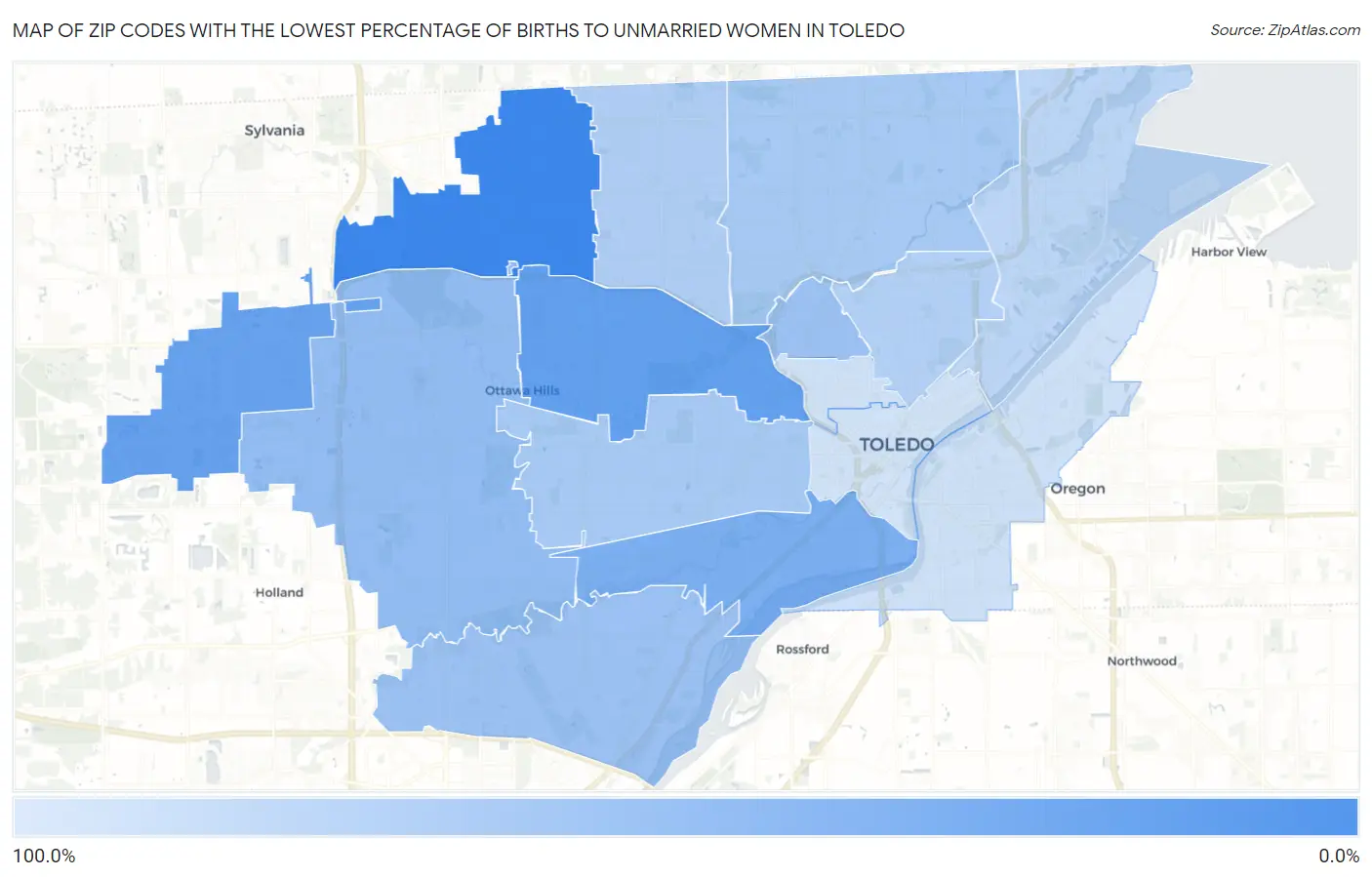 Zip Codes with the Lowest Percentage of Births to Unmarried Women in Toledo Map