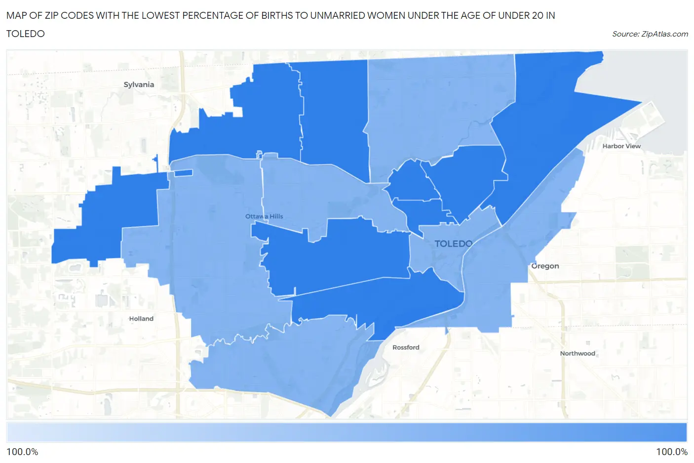 Zip Codes with the Lowest Percentage of Births to Unmarried Women under the Age of under 20 in Toledo Map