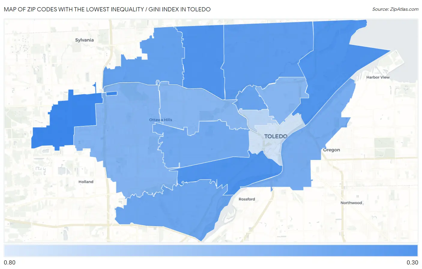 Zip Codes with the Lowest Inequality / Gini Index in Toledo Map