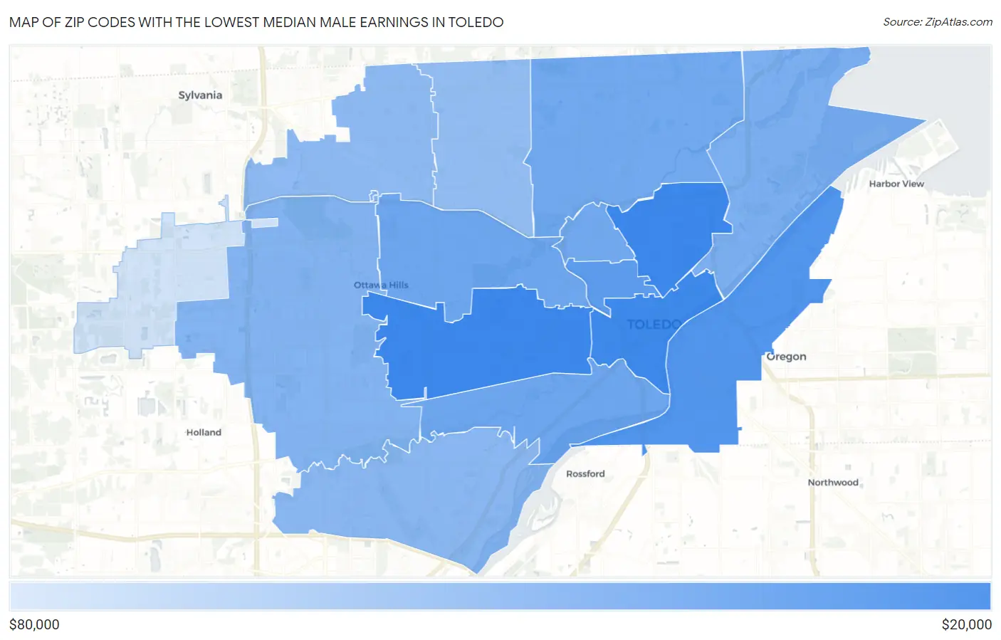 Zip Codes with the Lowest Median Male Earnings in Toledo Map
