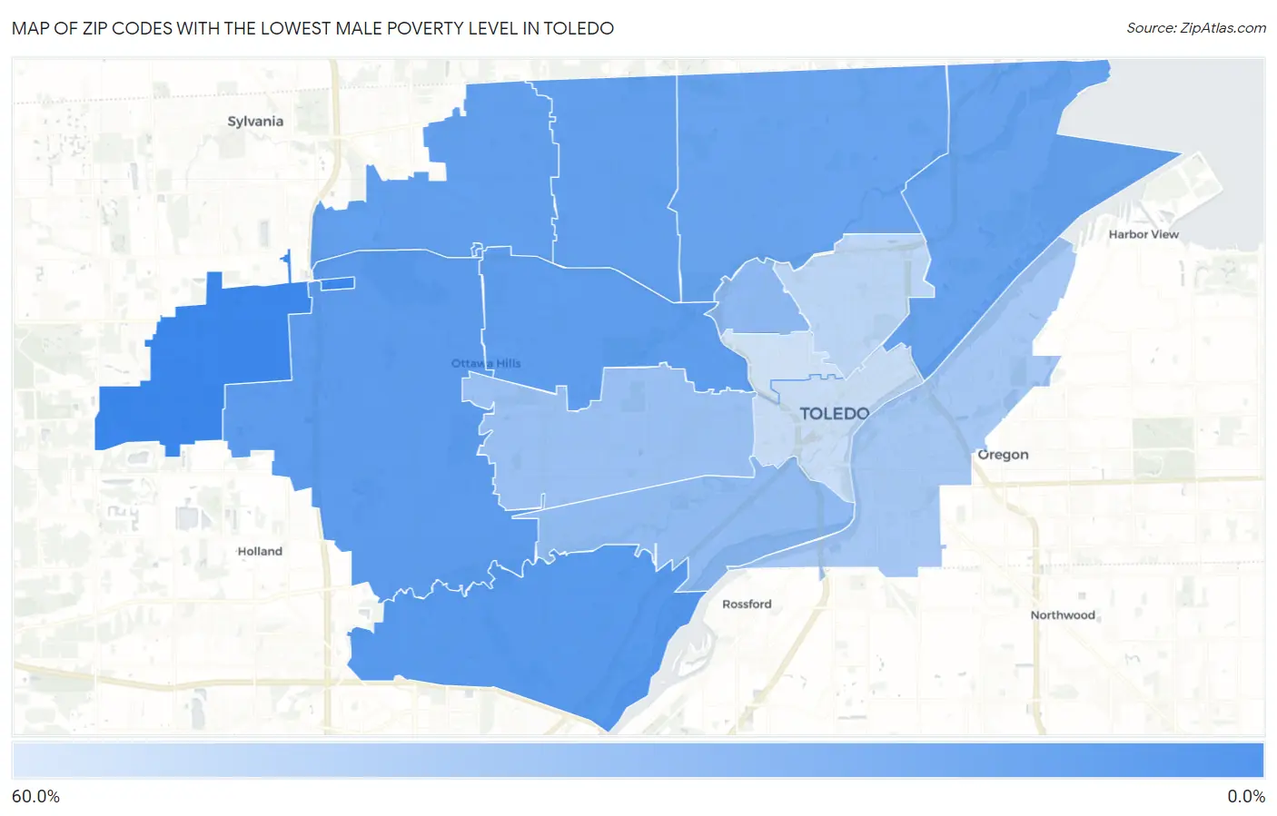 Zip Codes with the Lowest Male Poverty Level in Toledo Map