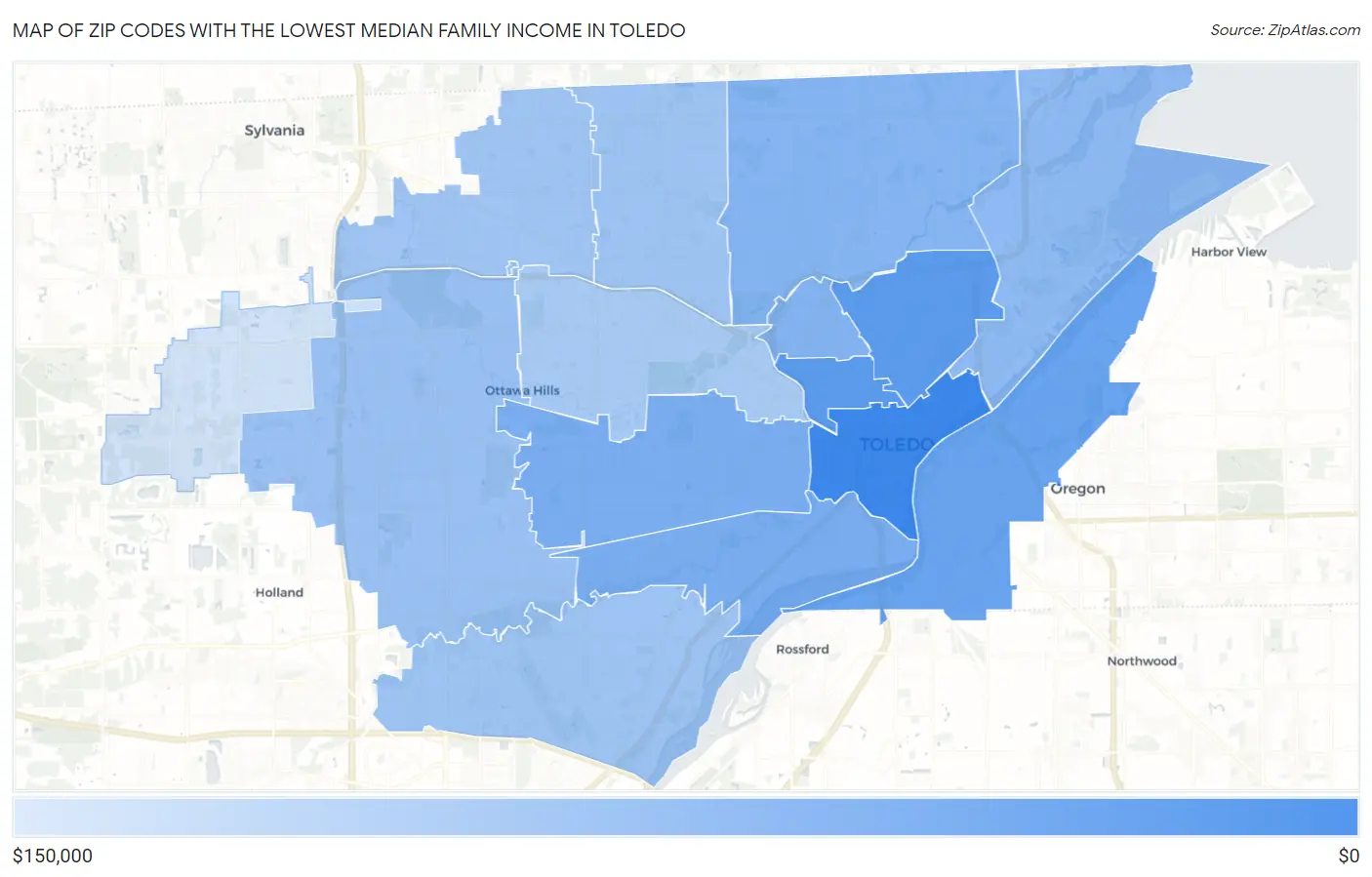 Zip Codes with the Lowest Median Family Income in Toledo Map
