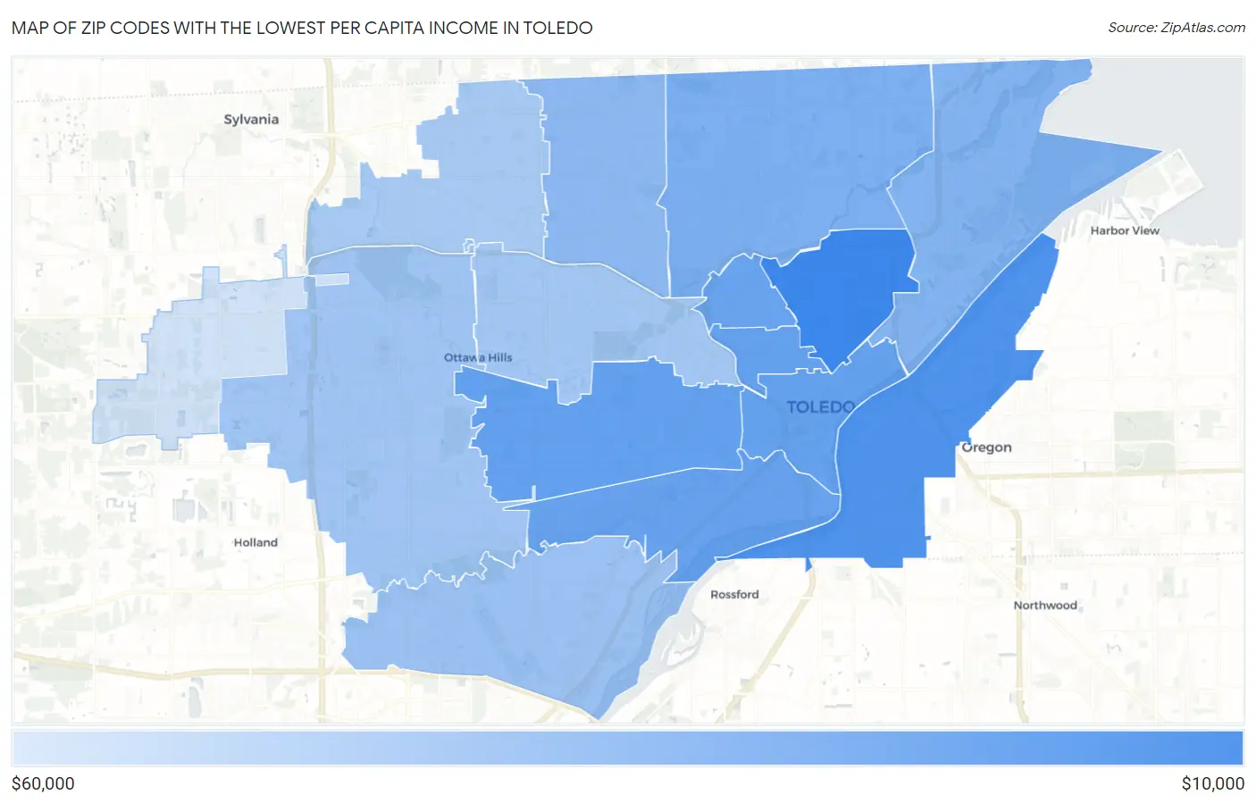 Zip Codes with the Lowest Per Capita Income in Toledo Map