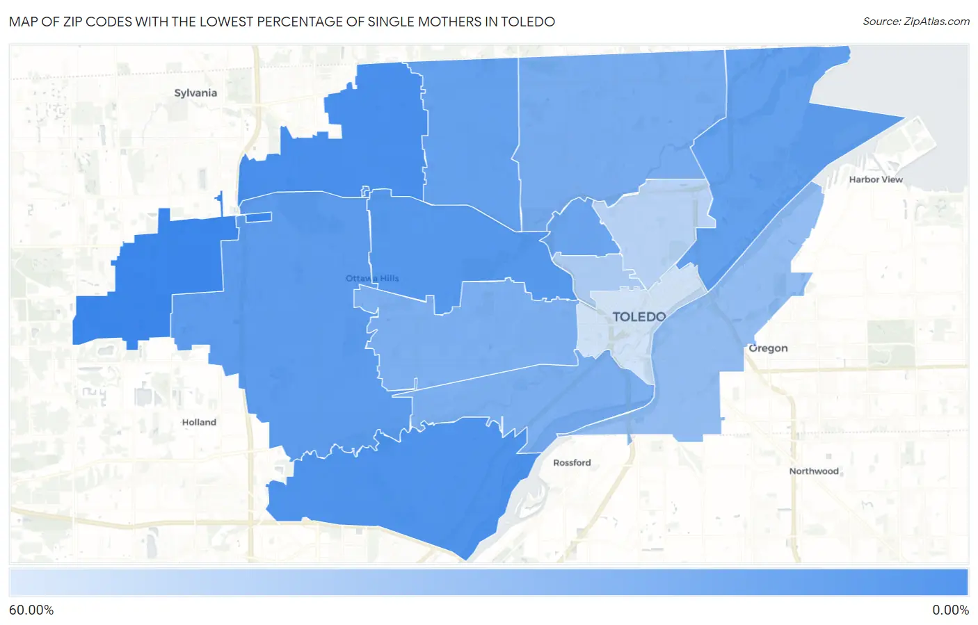Zip Codes with the Lowest Percentage of Single Mothers in Toledo Map
