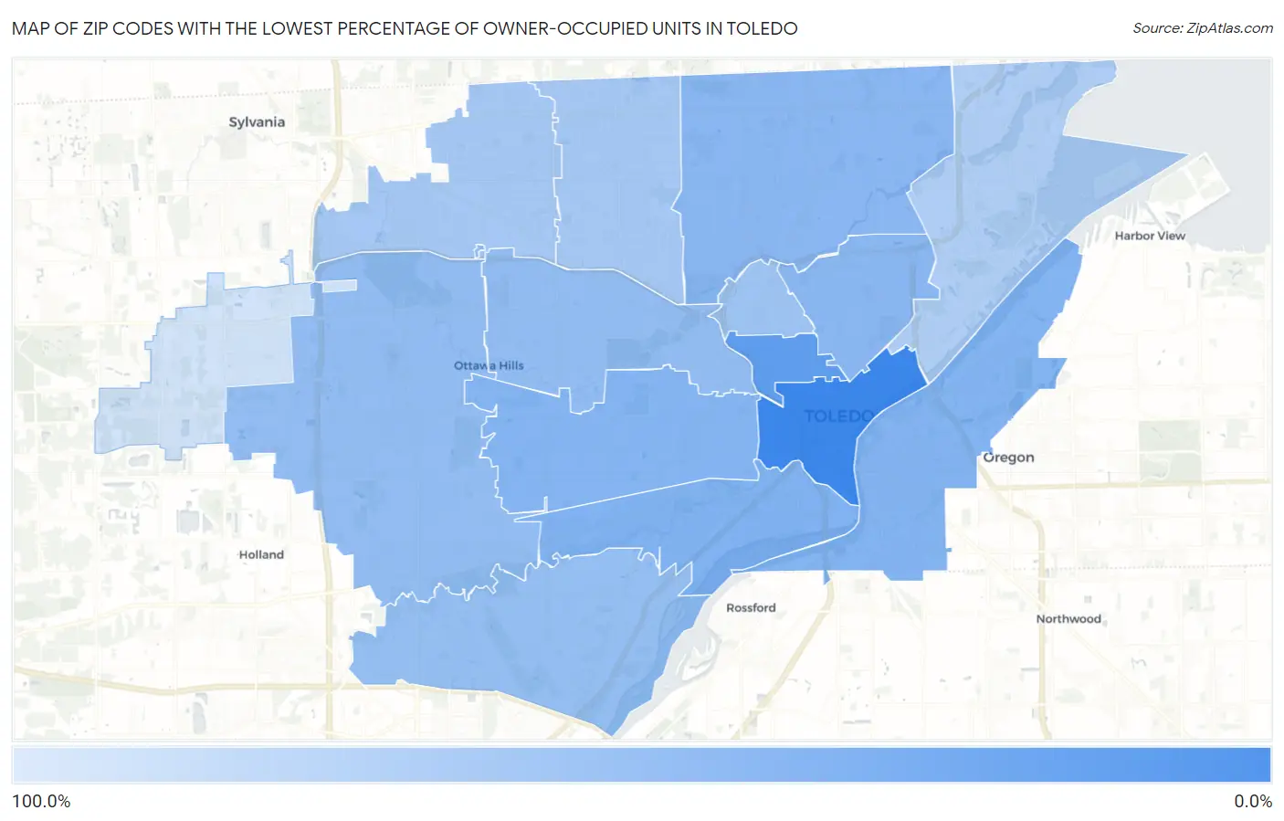 Zip Codes with the Lowest Percentage of Owner-Occupied Units in Toledo Map