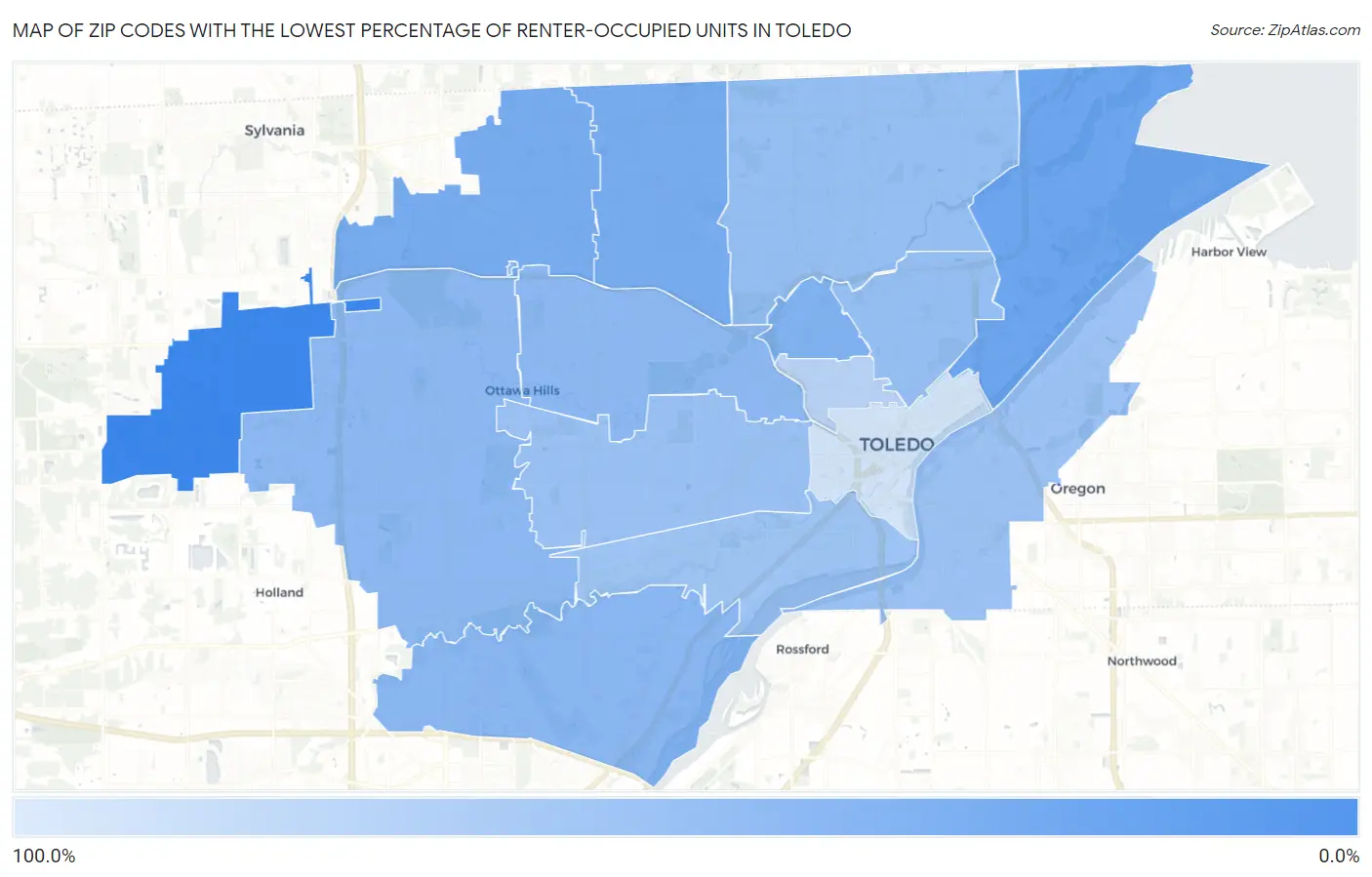 Zip Codes with the Lowest Percentage of Renter-Occupied Units in Toledo Map