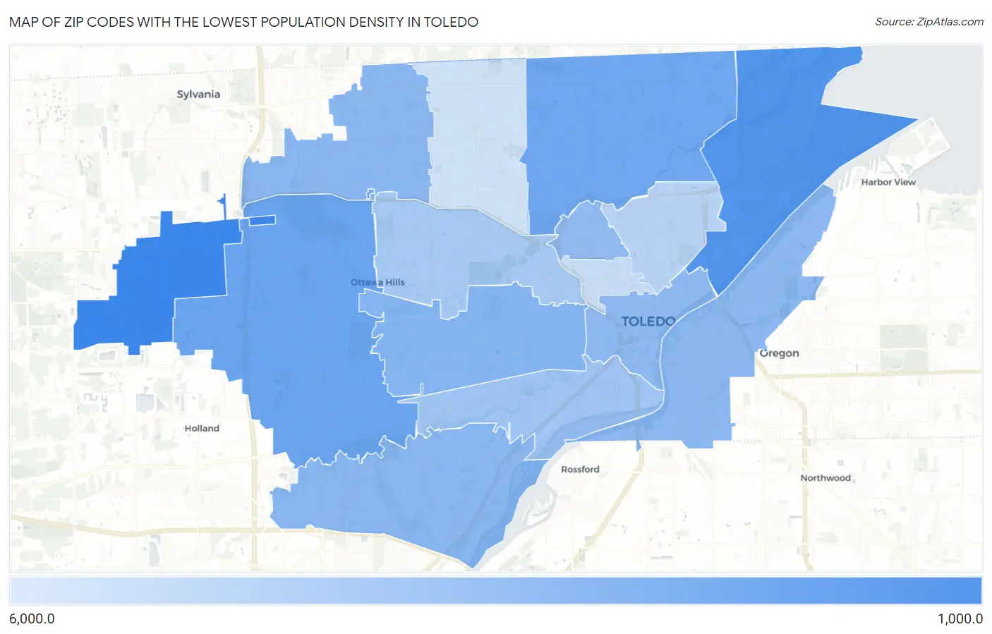 Zip Codes with the Lowest Population Density in Toledo Map