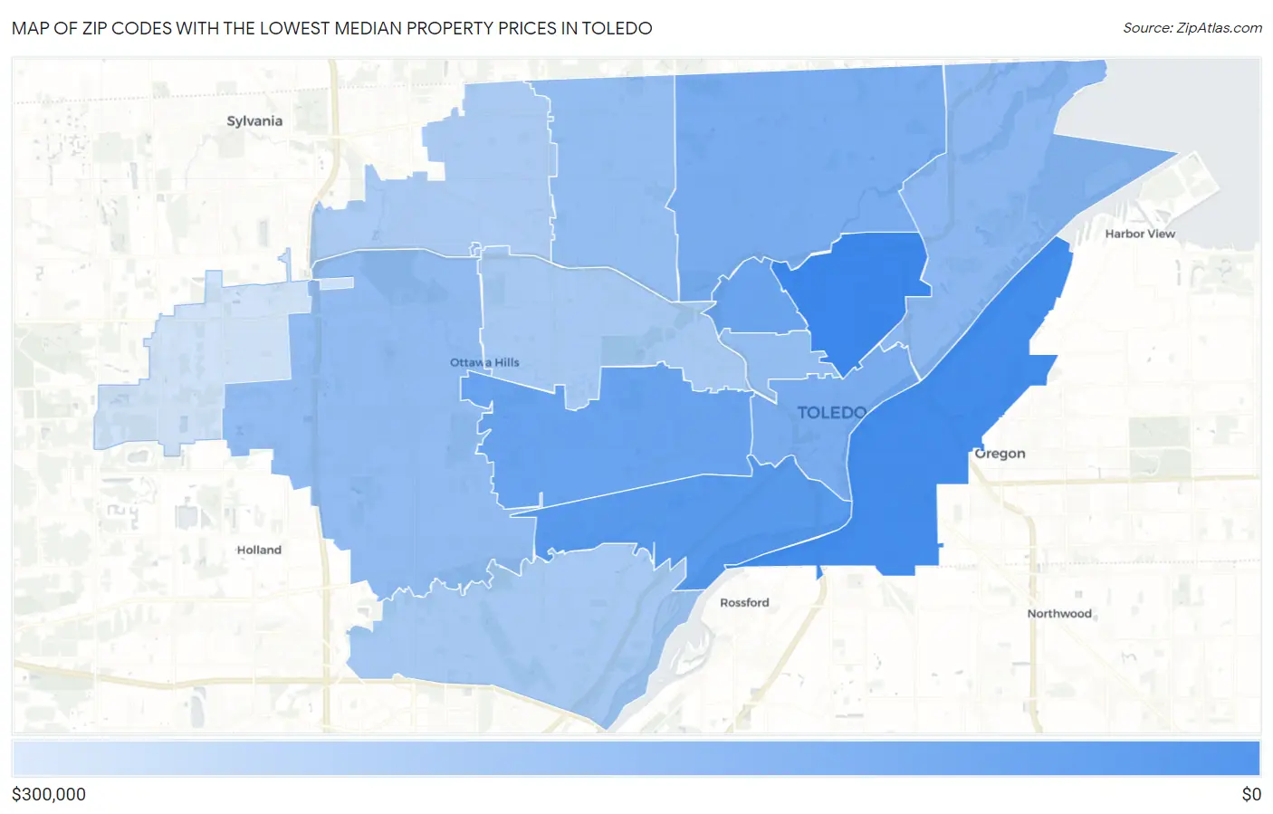 Zip Codes with the Lowest Median Property Prices in Toledo Map
