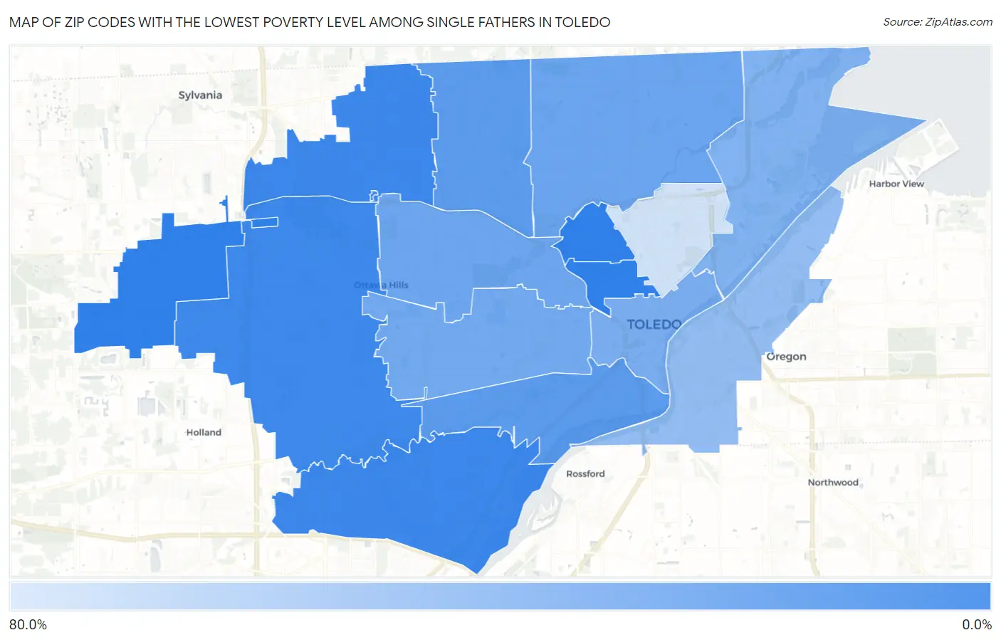Zip Codes with the Lowest Poverty Level Among Single Fathers in Toledo Map