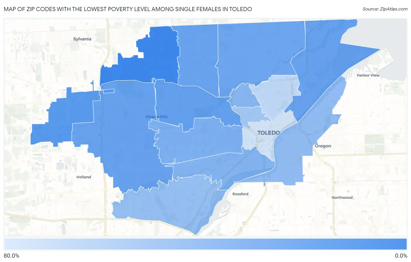 Zip Codes with the Lowest Poverty Level Among Single Females in Toledo Map