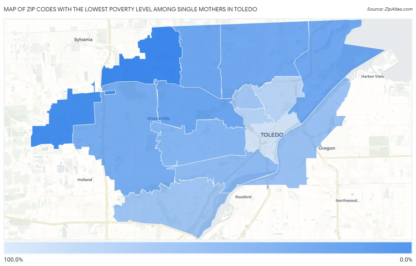Zip Codes with the Lowest Poverty Level Among Single Mothers in Toledo Map