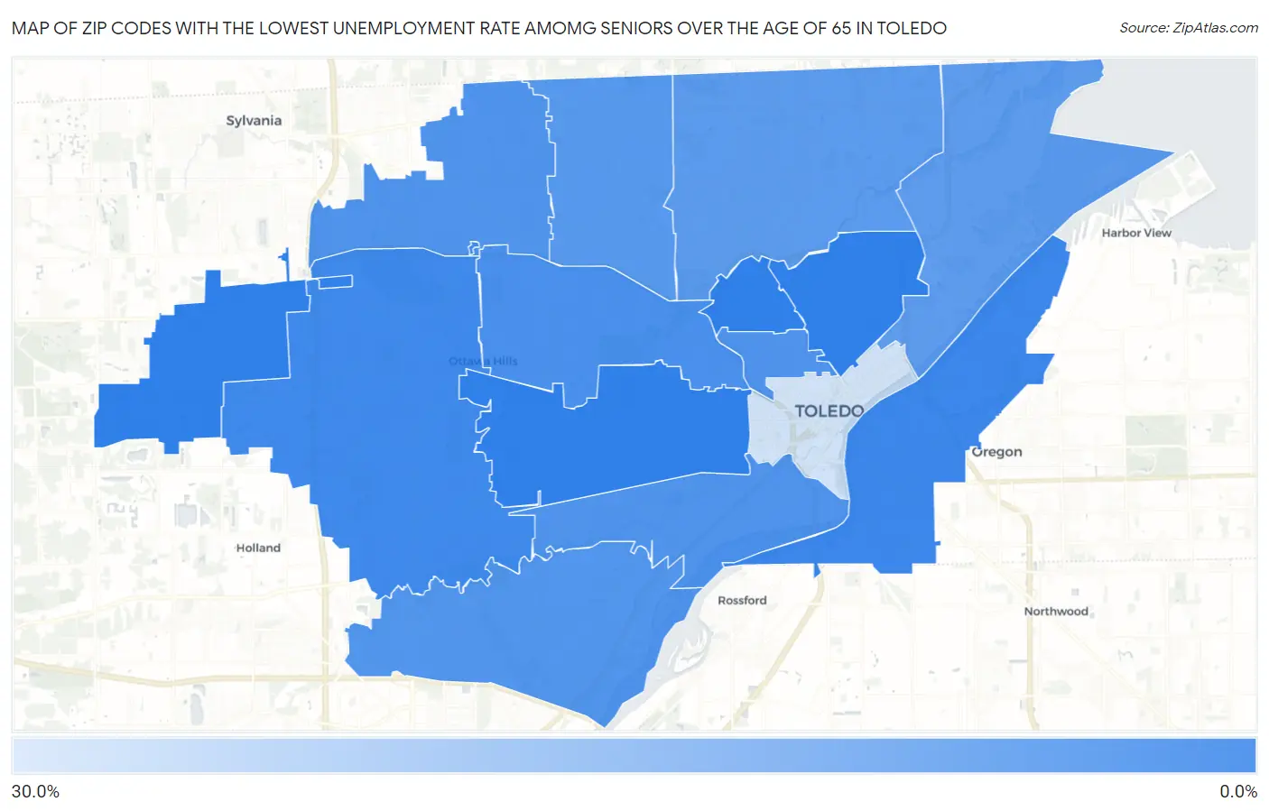 Zip Codes with the Lowest Unemployment Rate Amomg Seniors Over the Age of 65 in Toledo Map