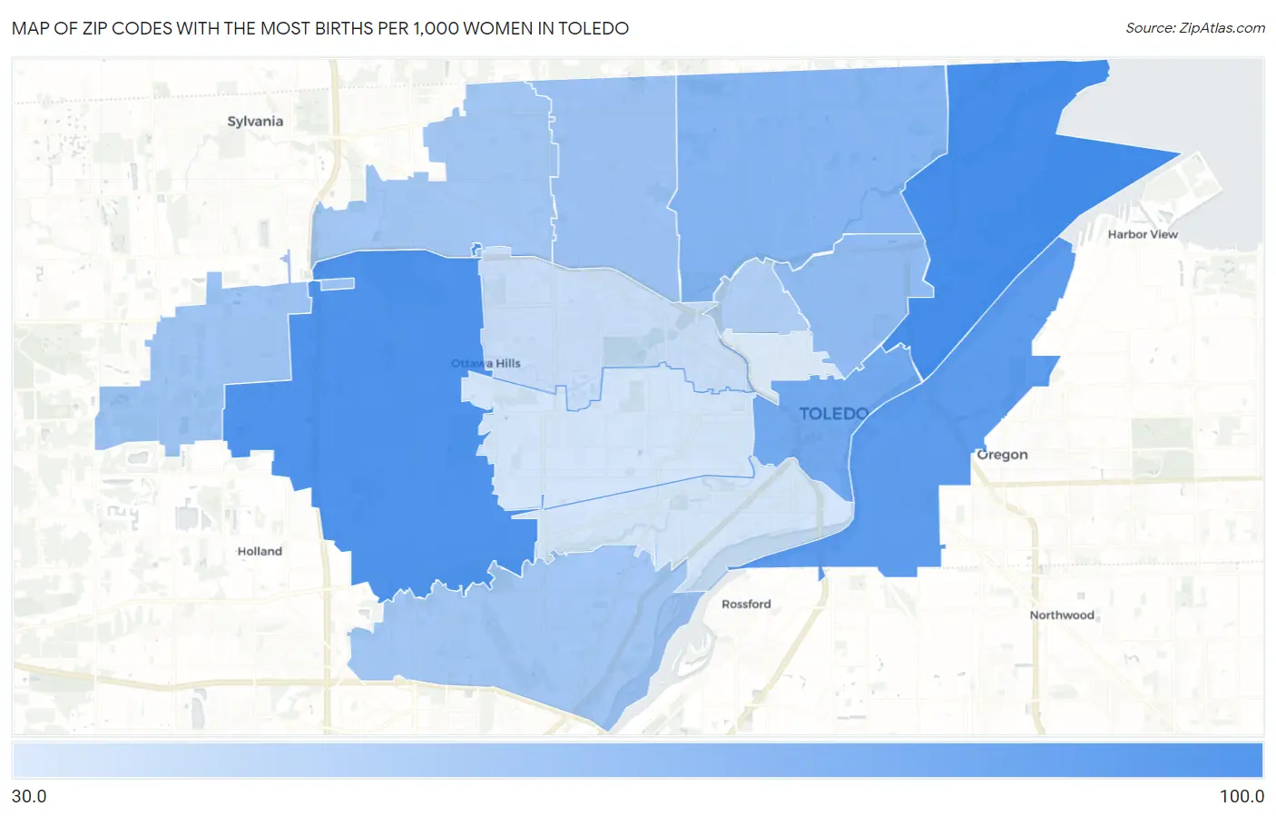 Zip Codes with the Most Births per 1,000 Women in Toledo Map
