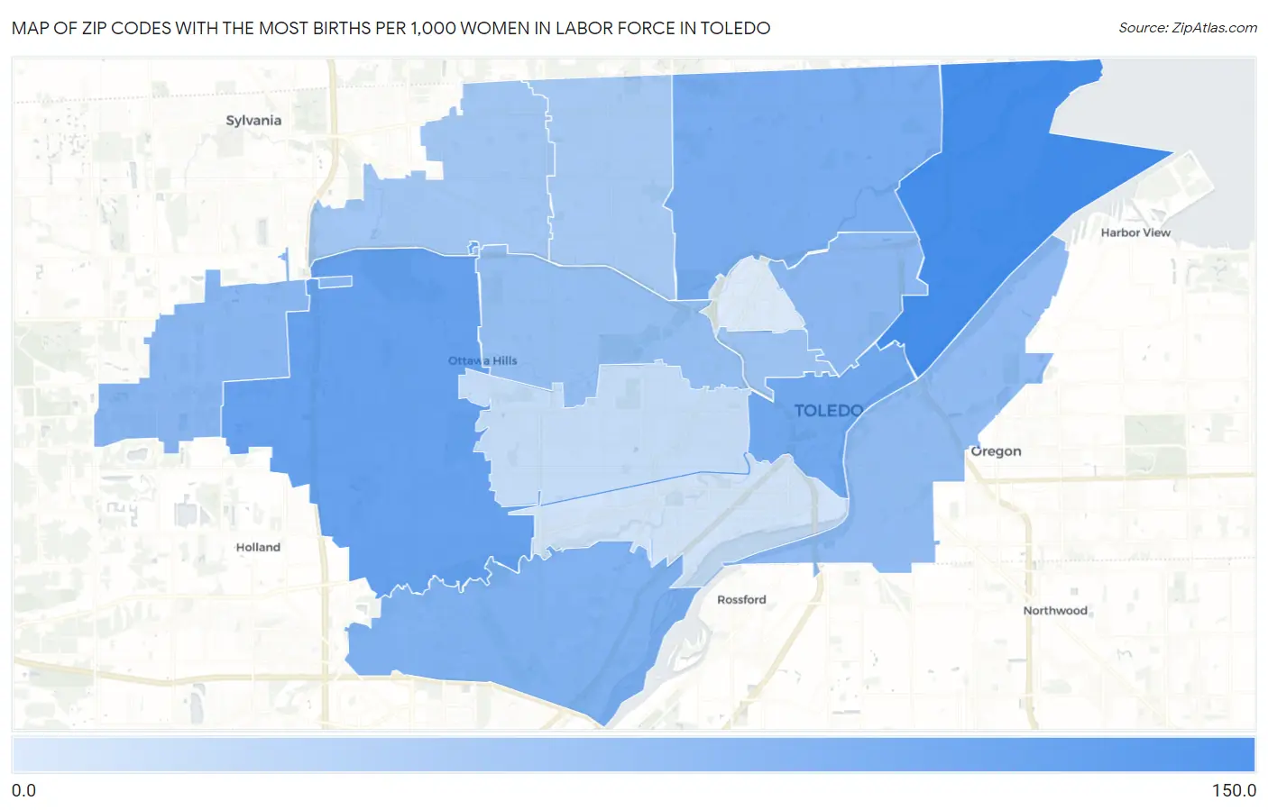 Zip Codes with the Most Births per 1,000 Women in Labor Force in Toledo Map
