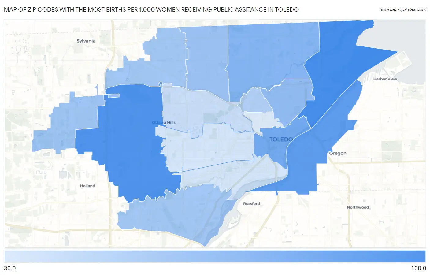 Zip Codes with the Most Births per 1,000 Women Receiving Public Assitance in Toledo Map