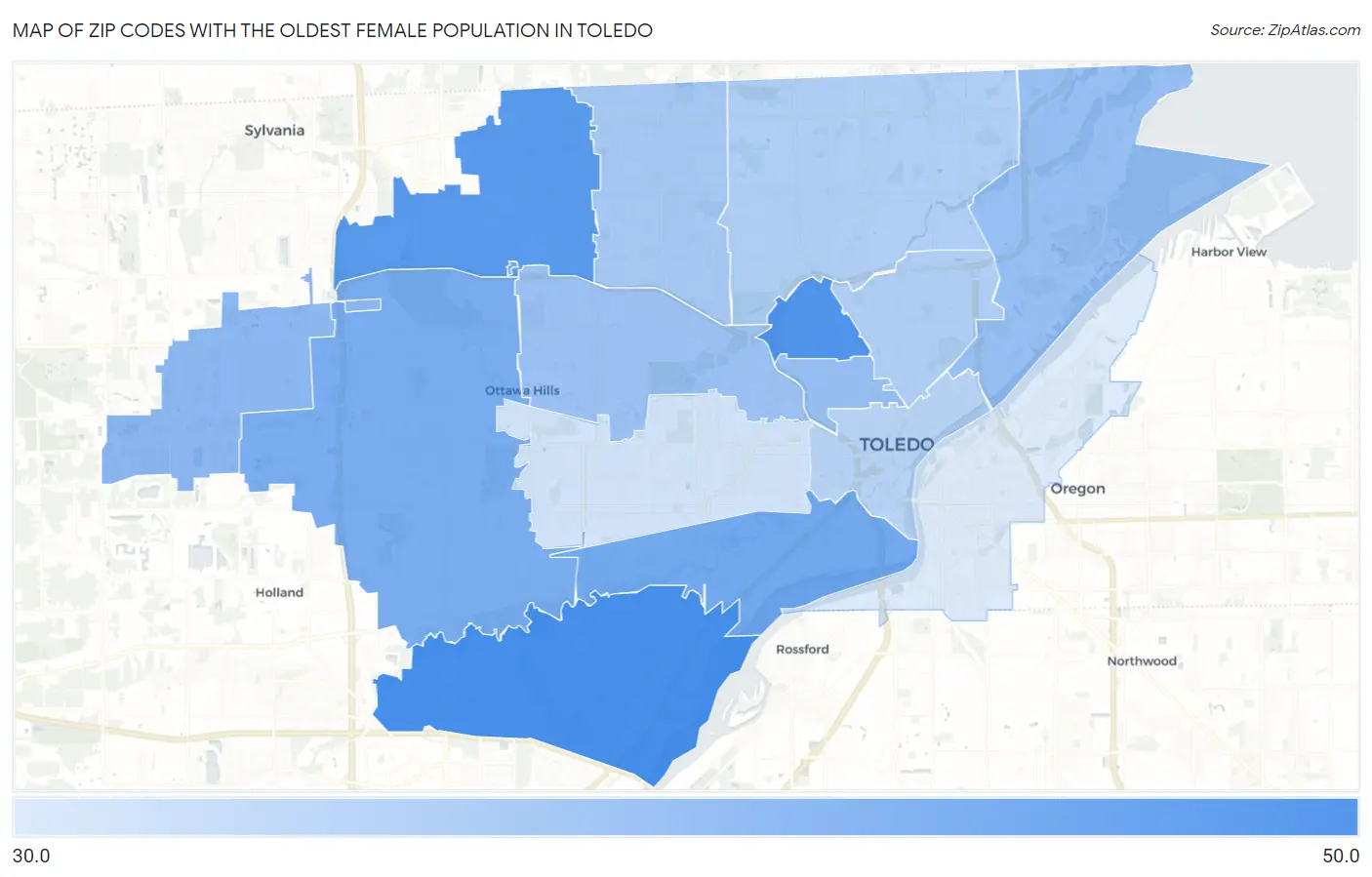 Zip Codes with the Oldest Female Population in Toledo Map