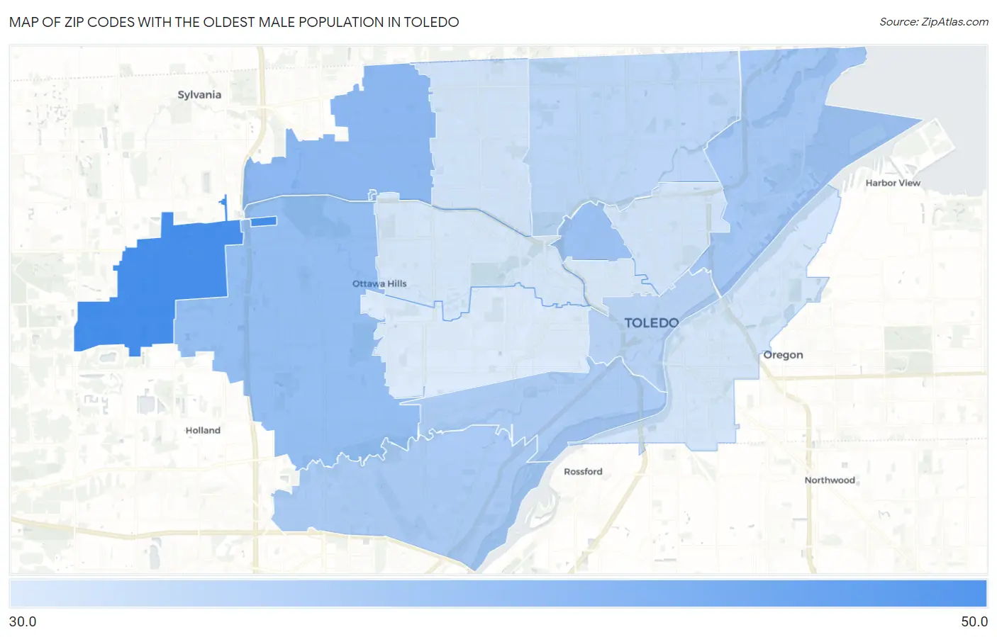 Zip Codes with the Oldest Male Population in Toledo Map