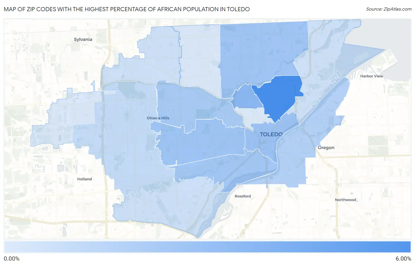 Zip Codes with the Highest Percentage of African Population in Toledo Map
