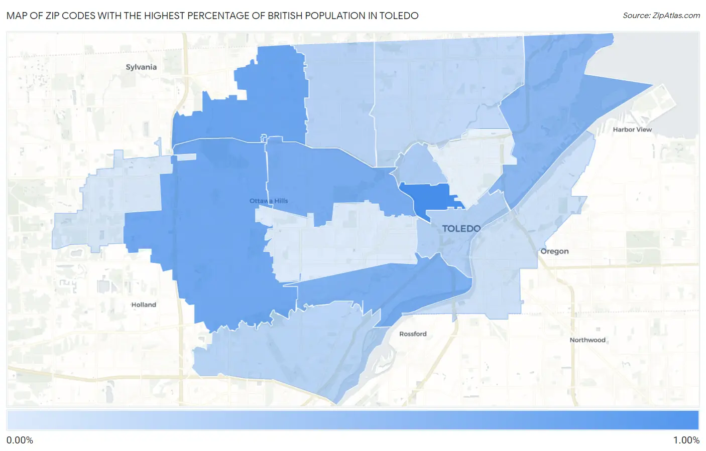 Zip Codes with the Highest Percentage of British Population in Toledo Map