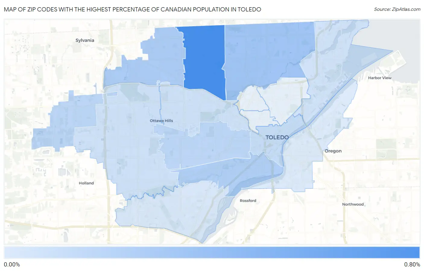 Zip Codes with the Highest Percentage of Canadian Population in Toledo Map