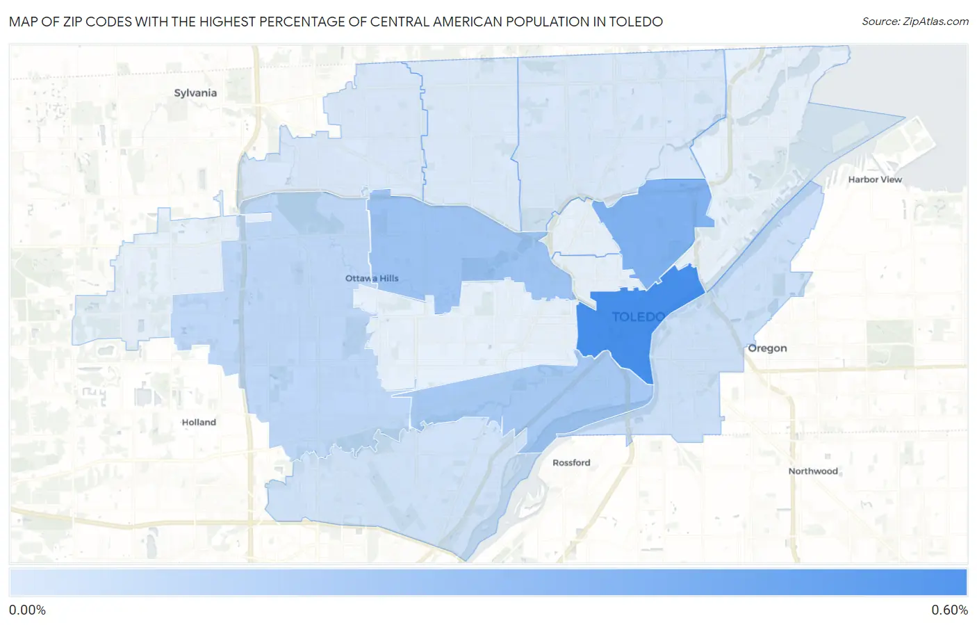Zip Codes with the Highest Percentage of Central American Population in Toledo Map