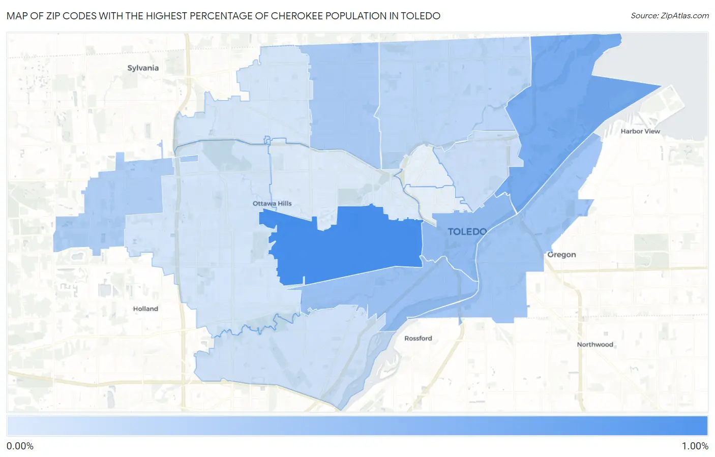 Zip Codes with the Highest Percentage of Cherokee Population in Toledo Map