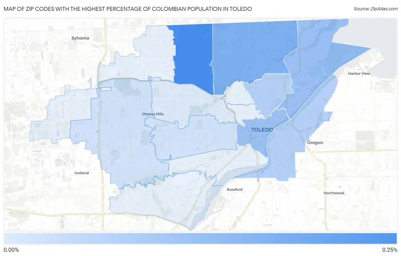 Zip Codes with the Highest Percentage of Colombian Population in Toledo Map