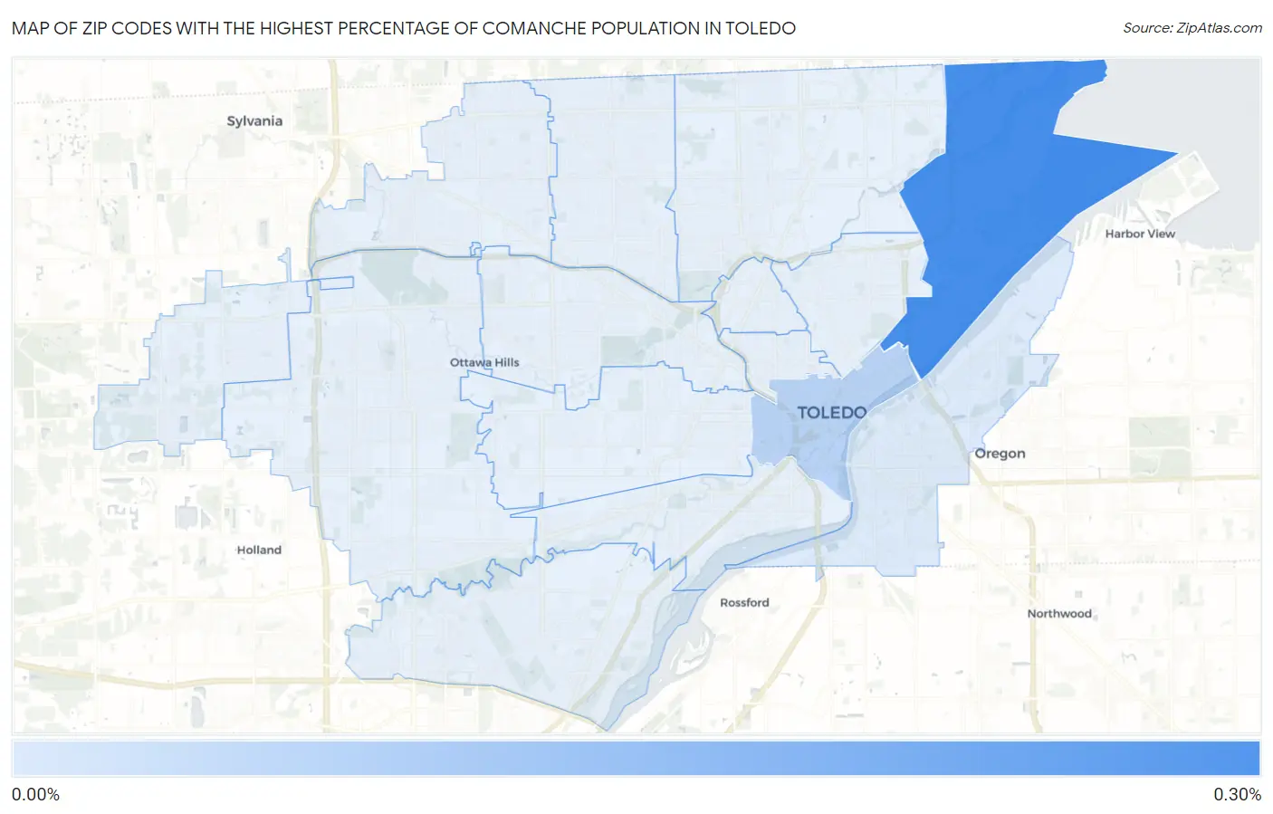 Zip Codes with the Highest Percentage of Comanche Population in Toledo Map