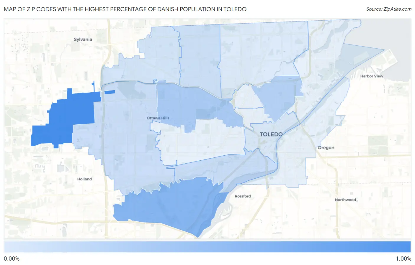 Zip Codes with the Highest Percentage of Danish Population in Toledo Map