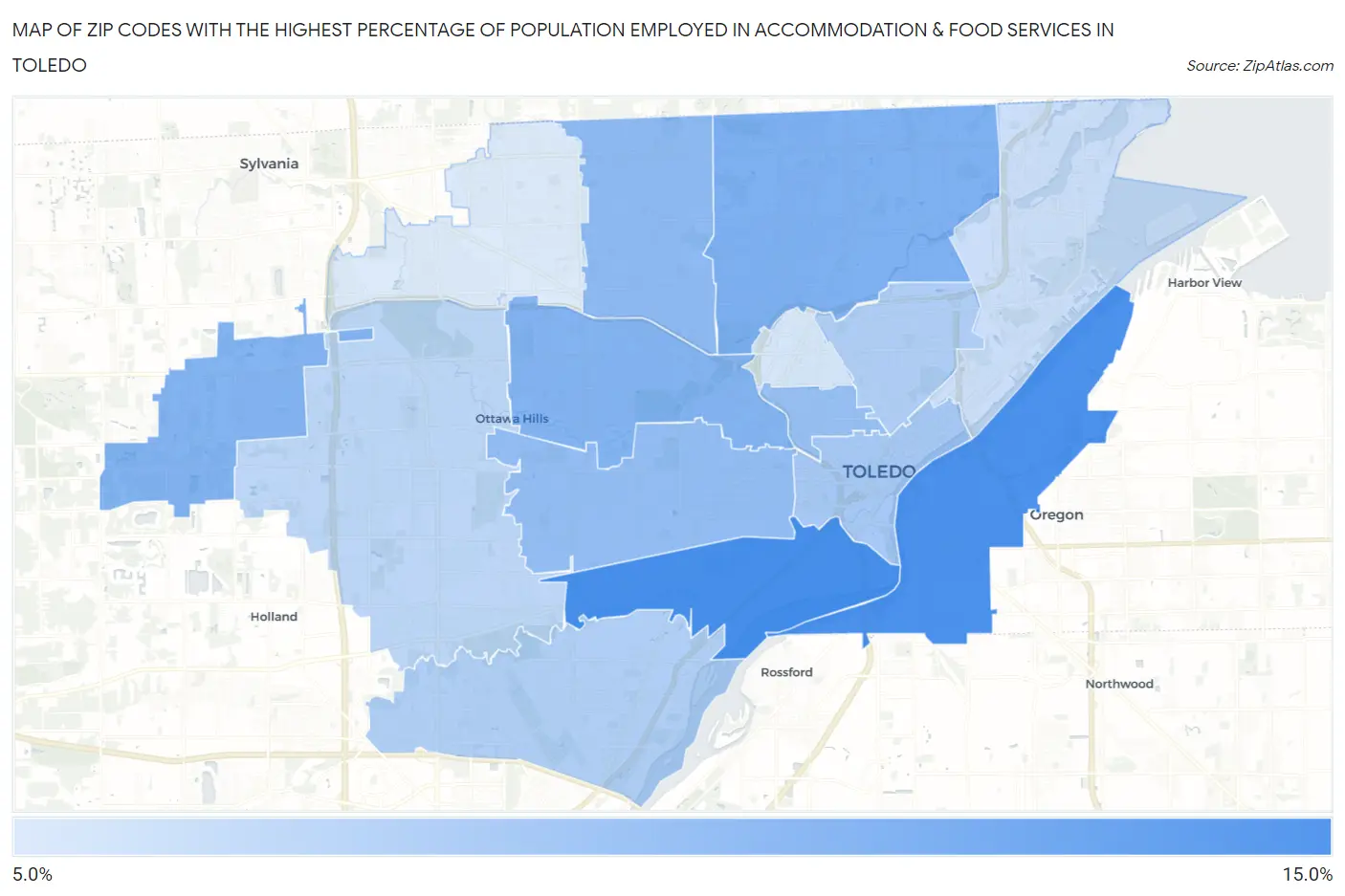 Zip Codes with the Highest Percentage of Population Employed in Accommodation & Food Services in Toledo Map