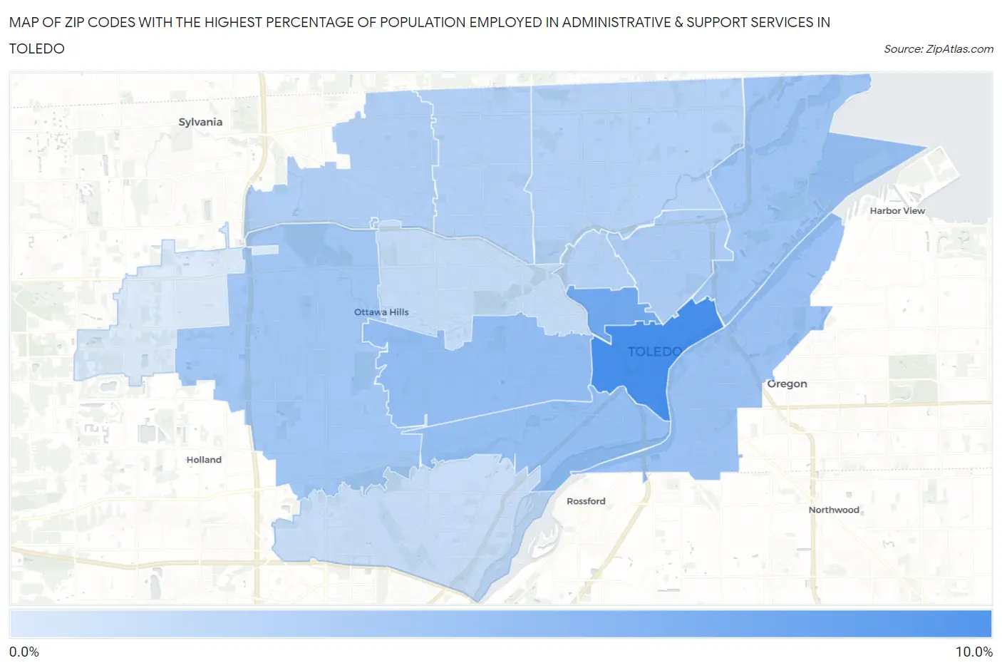 Zip Codes with the Highest Percentage of Population Employed in Administrative & Support Services in Toledo Map