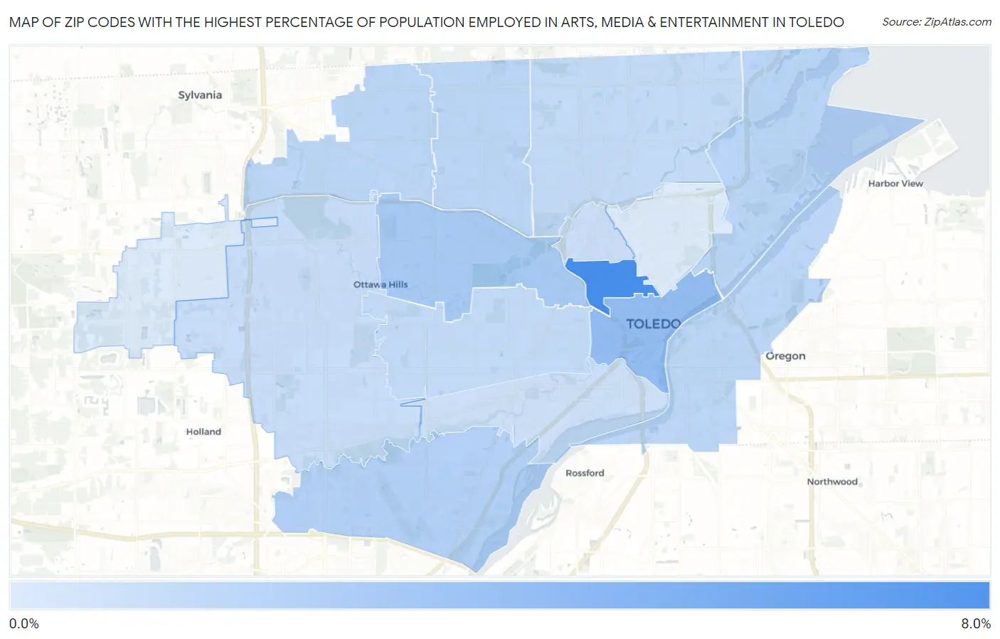 Zip Codes with the Highest Percentage of Population Employed in Arts, Media & Entertainment in Toledo Map