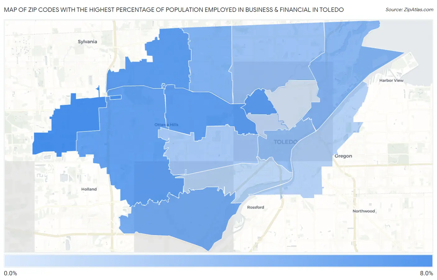 Zip Codes with the Highest Percentage of Population Employed in Business & Financial in Toledo Map