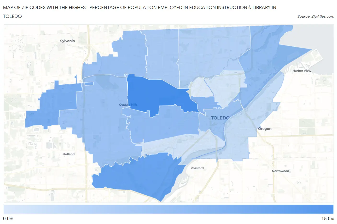 Zip Codes with the Highest Percentage of Population Employed in Education Instruction & Library in Toledo Map