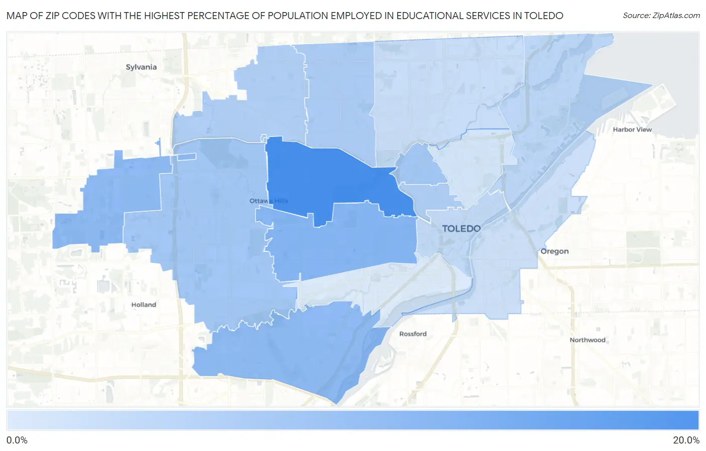 Zip Codes with the Highest Percentage of Population Employed in Educational Services in Toledo Map
