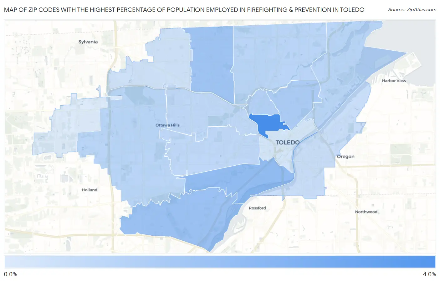 Zip Codes with the Highest Percentage of Population Employed in Firefighting & Prevention in Toledo Map