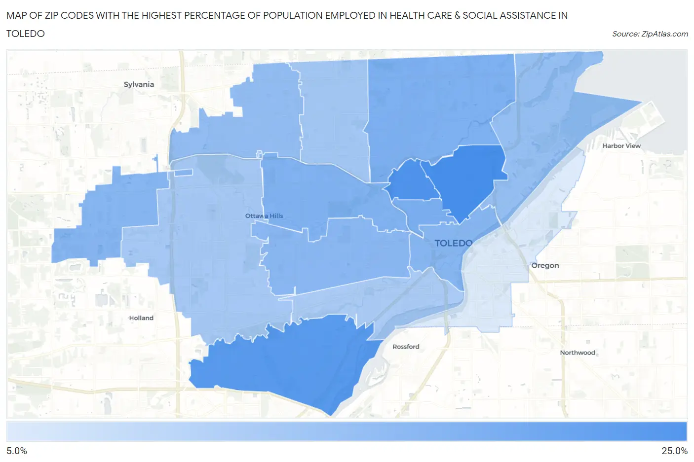 Zip Codes with the Highest Percentage of Population Employed in Health Care & Social Assistance in Toledo Map