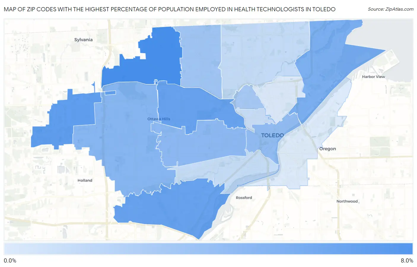 Zip Codes with the Highest Percentage of Population Employed in Health Technologists in Toledo Map