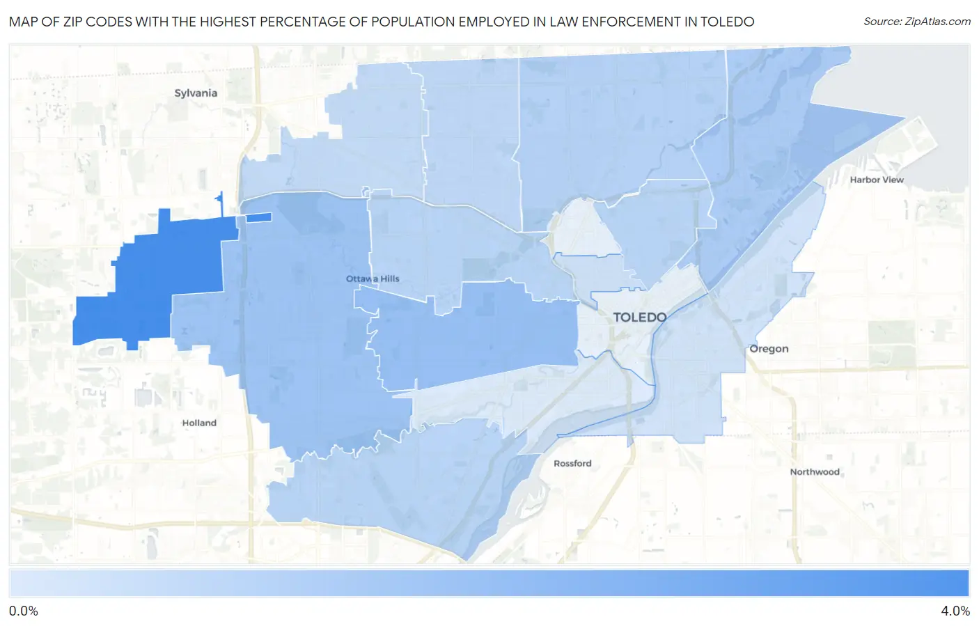 Zip Codes with the Highest Percentage of Population Employed in Law Enforcement in Toledo Map