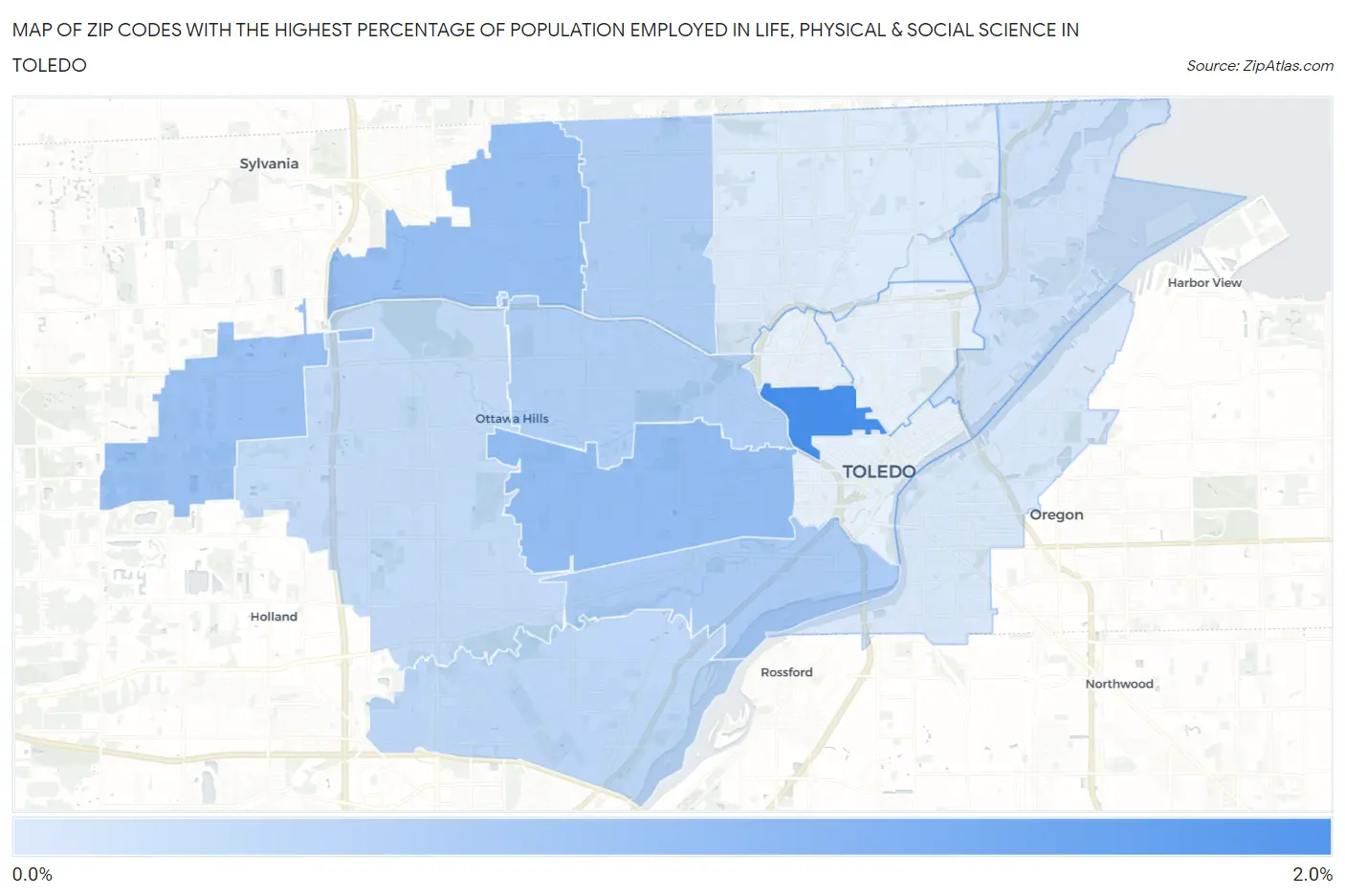 Zip Codes with the Highest Percentage of Population Employed in Life, Physical & Social Science in Toledo Map