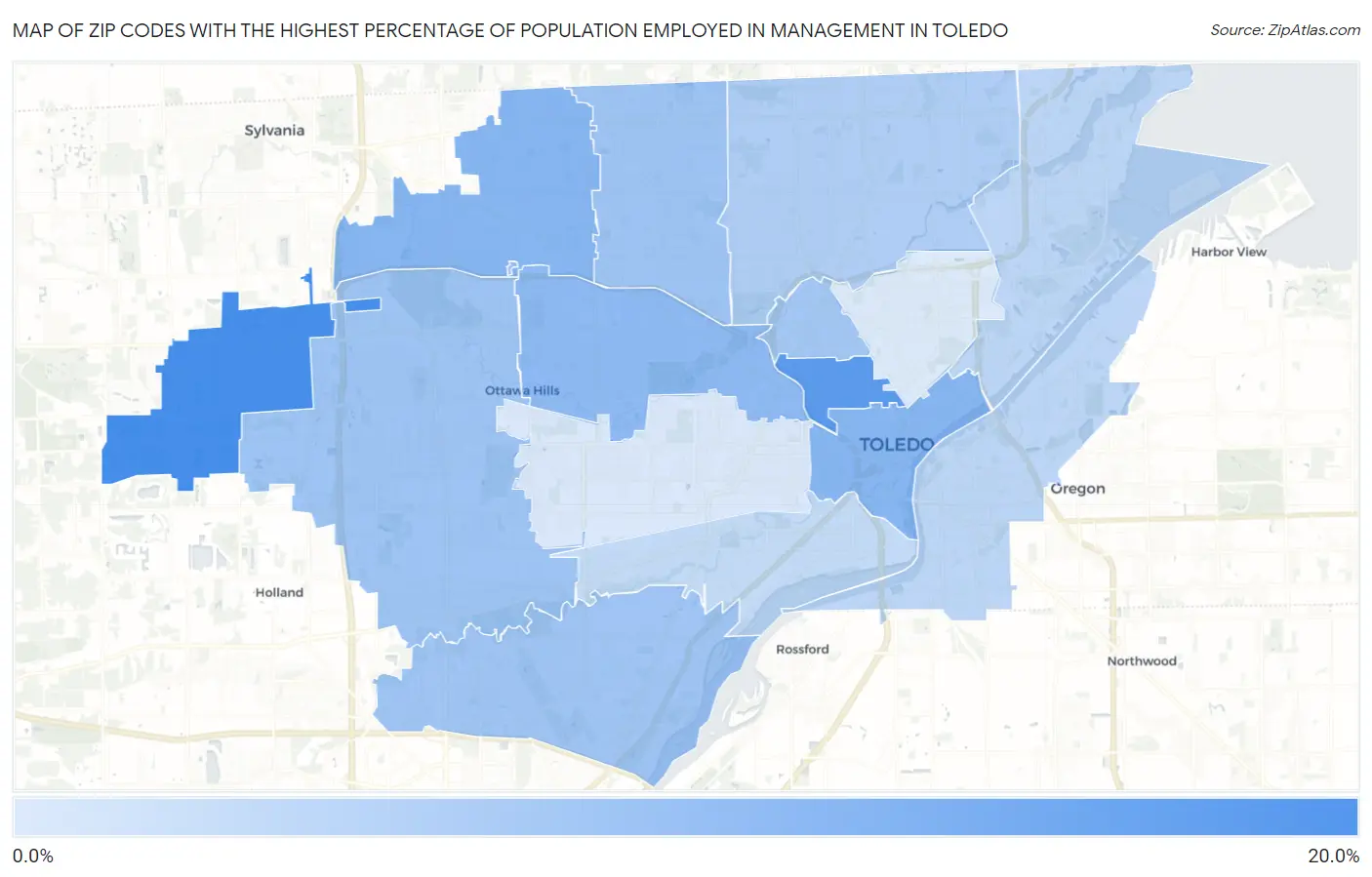 Zip Codes with the Highest Percentage of Population Employed in Management in Toledo Map