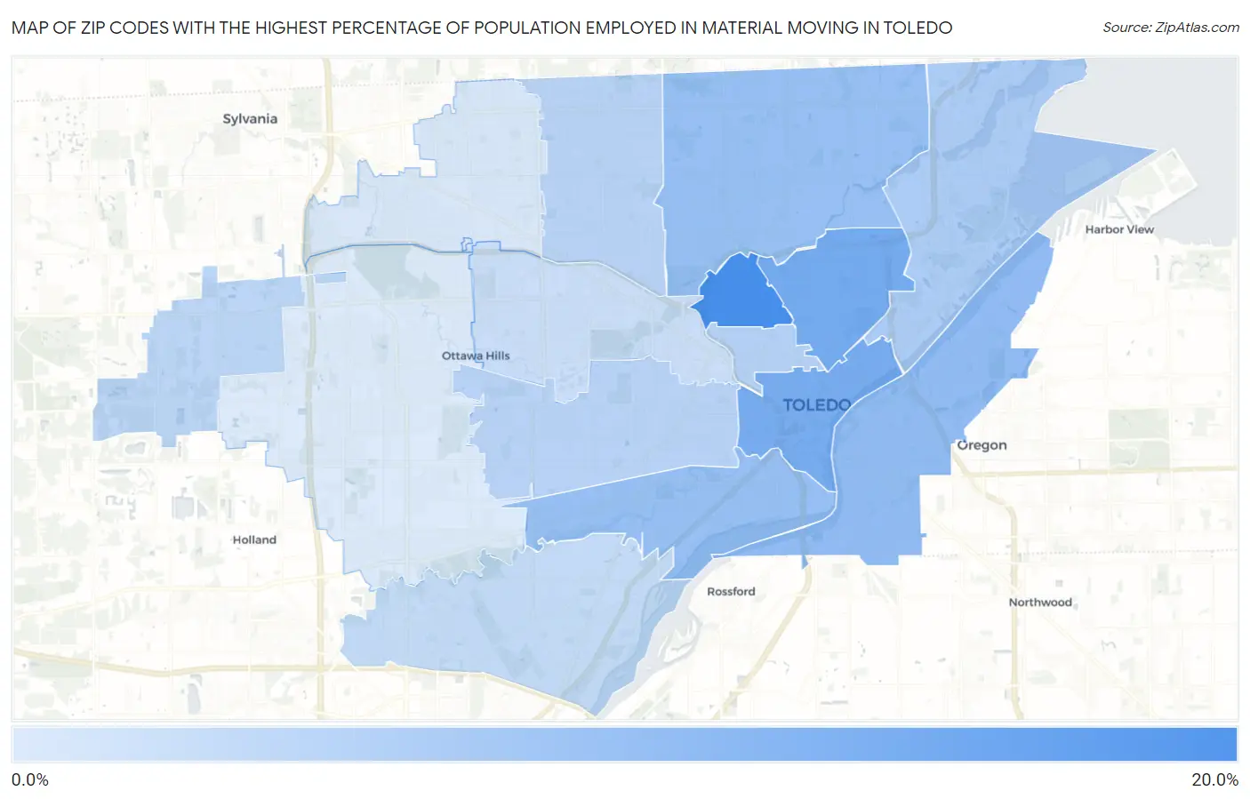 Zip Codes with the Highest Percentage of Population Employed in Material Moving in Toledo Map