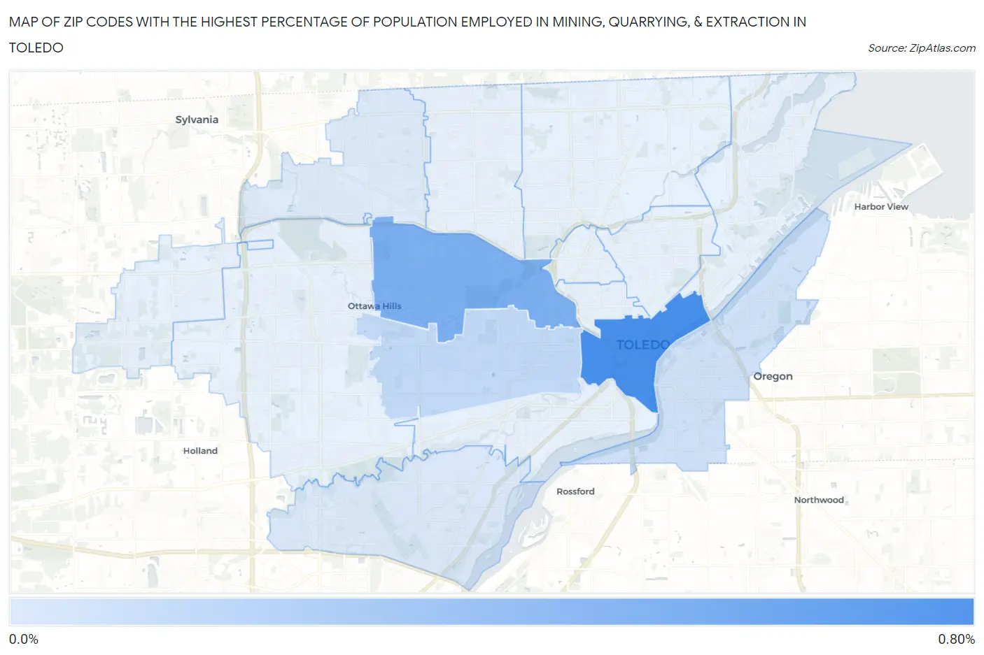 Zip Codes with the Highest Percentage of Population Employed in Mining, Quarrying, & Extraction in Toledo Map