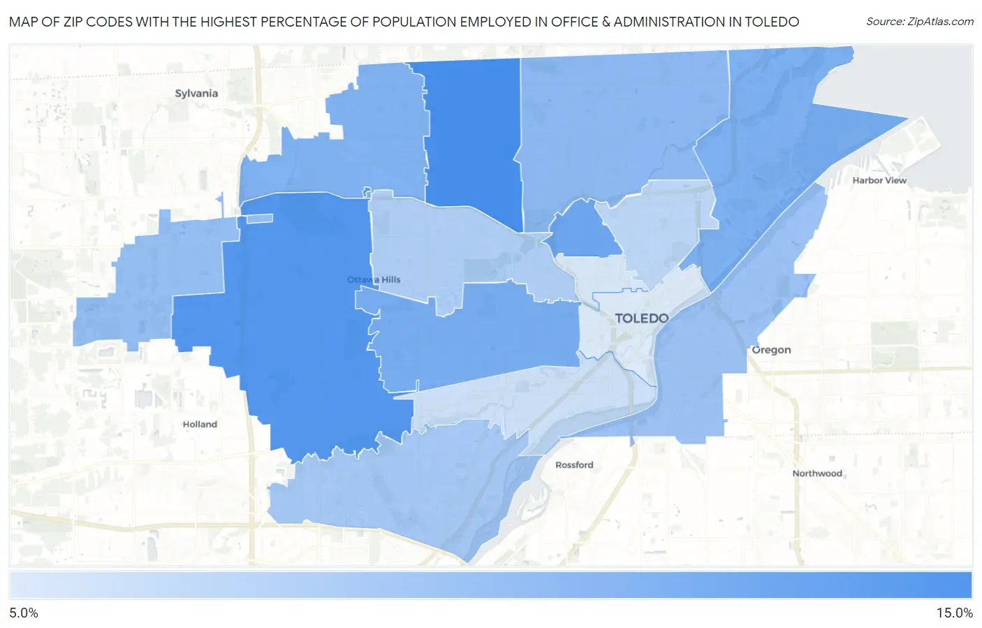 Zip Codes with the Highest Percentage of Population Employed in Office & Administration in Toledo Map
