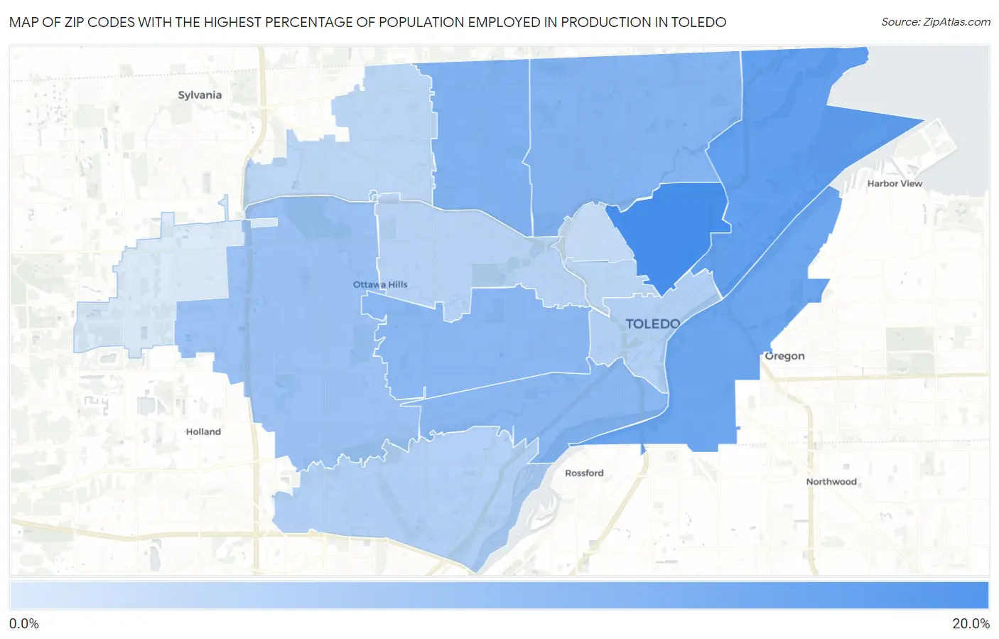 Zip Codes with the Highest Percentage of Population Employed in Production in Toledo Map