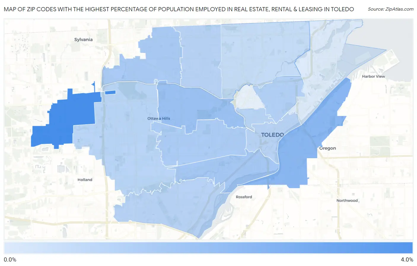 Zip Codes with the Highest Percentage of Population Employed in Real Estate, Rental & Leasing in Toledo Map