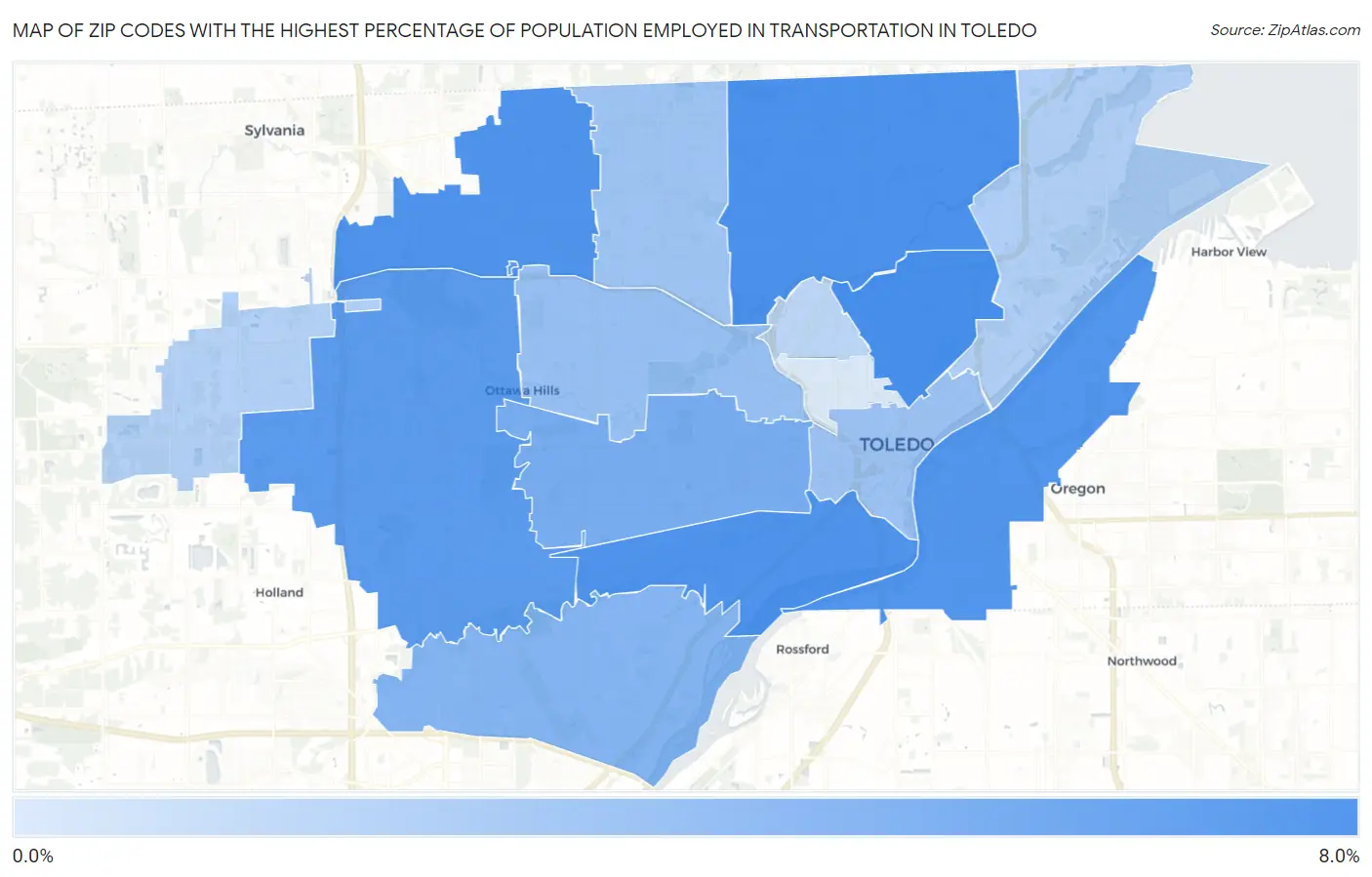Zip Codes with the Highest Percentage of Population Employed in Transportation in Toledo Map