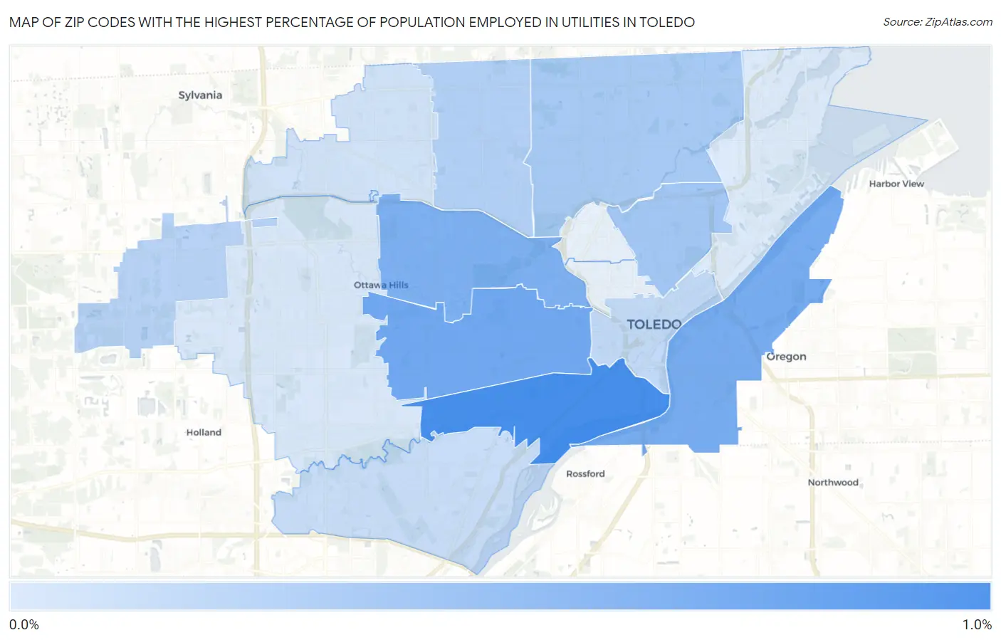 Zip Codes with the Highest Percentage of Population Employed in Utilities in Toledo Map