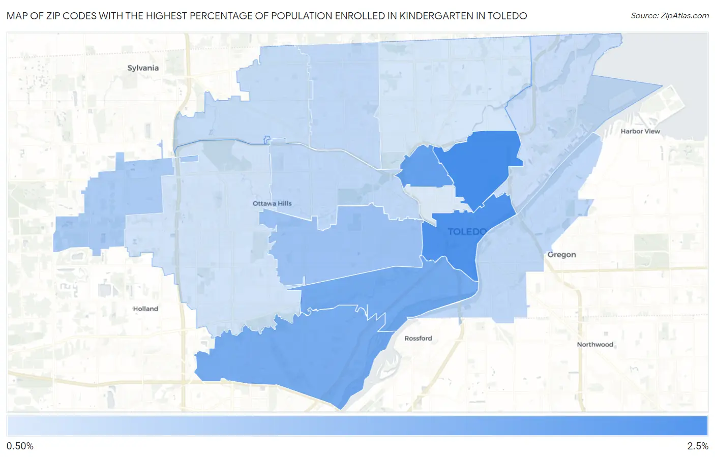 Zip Codes with the Highest Percentage of Population Enrolled in Kindergarten in Toledo Map