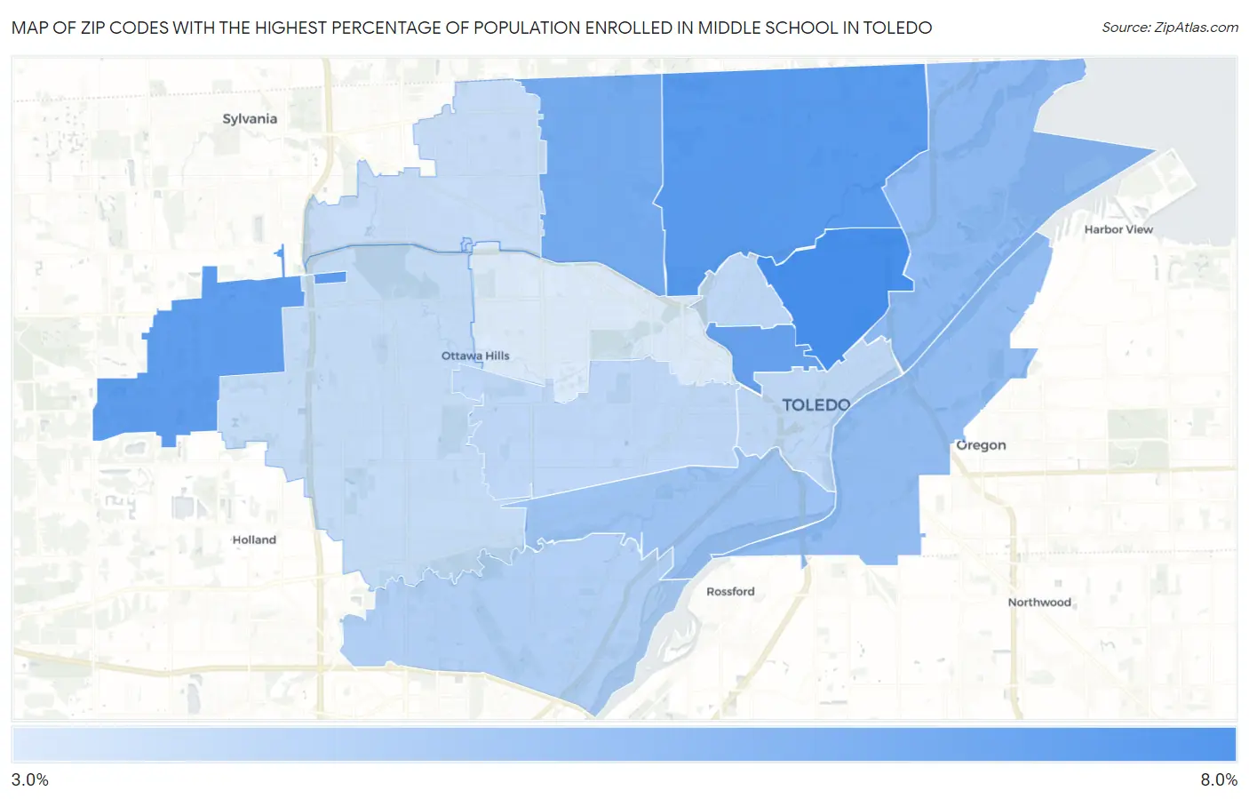 Zip Codes with the Highest Percentage of Population Enrolled in Middle School in Toledo Map